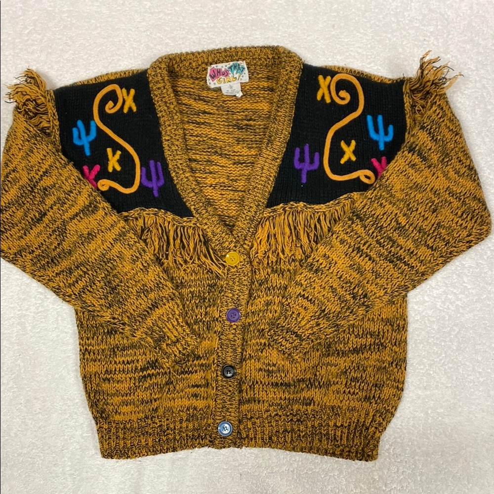 Vintage who’s that girl southwestern cactus fringe cardigan large 14